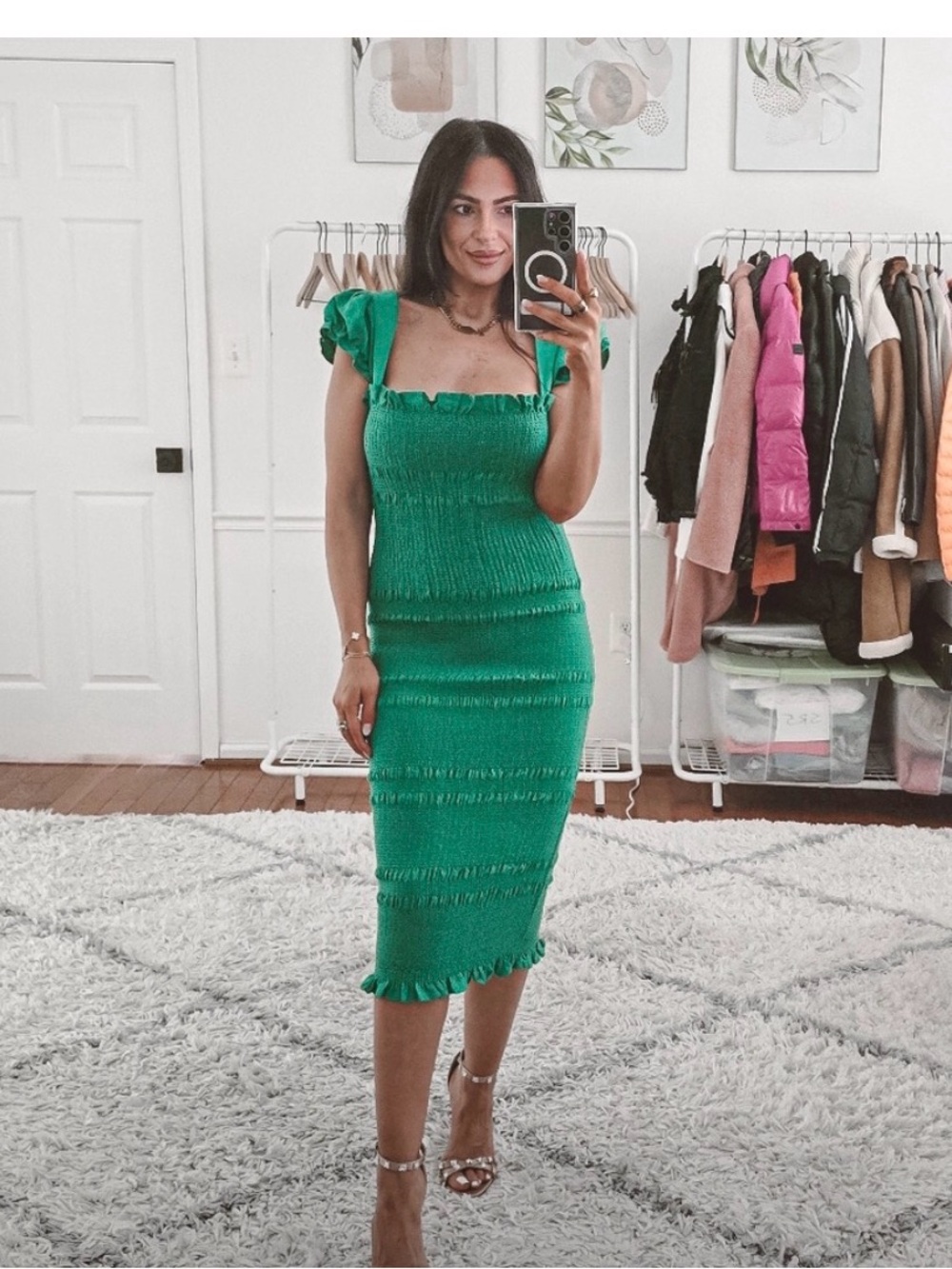 REVOLVE Green Smocked Midi Dress